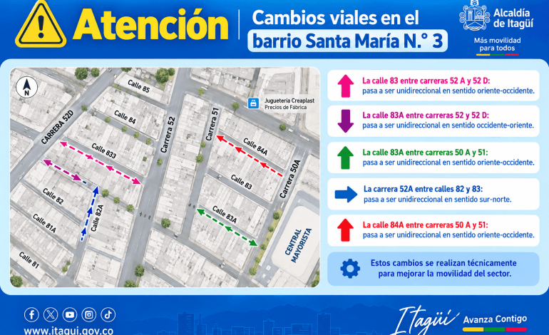¡Atención conductores! Cambian varios sentidos viales en santa maría n.º 3 de itagüí