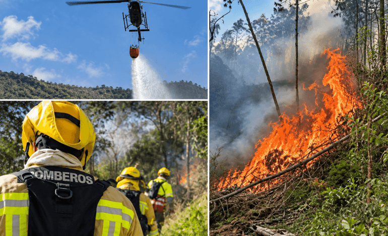 Incendio forestal en La Estrella es atendido por bomberos con apoyo aéreo del Dagran.