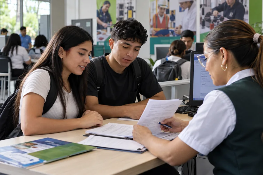 Jóvenes reciben orientación sobre inscripciones y requisitos para acceder a programas gratuitos del SENA en Itagüí, en una imagen ilustrativa.